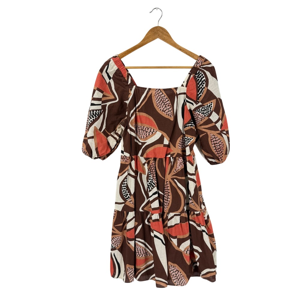Mile Gabrielle Dress Brown Large Abstract Floral Puff Sleeve Smocked Boho Tiered